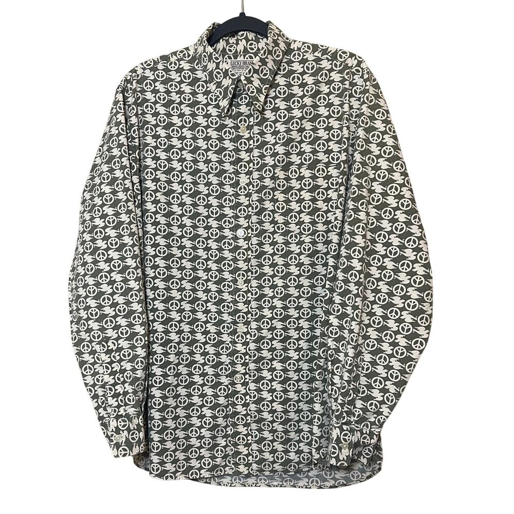 VTG Y2K Lucky Brand Men Shirt Peace Sign & Dove AOP Size Large Indie Boho Retro - Picture 2 of 9